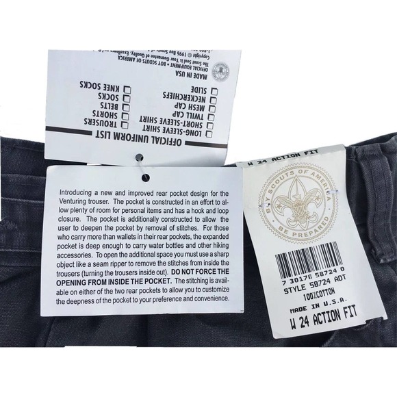 BSA Uniform Pants 24x34 Youth Tall Slim Scout Action Fit Cargo 34”inseam raw hem - Picture 5 of 5